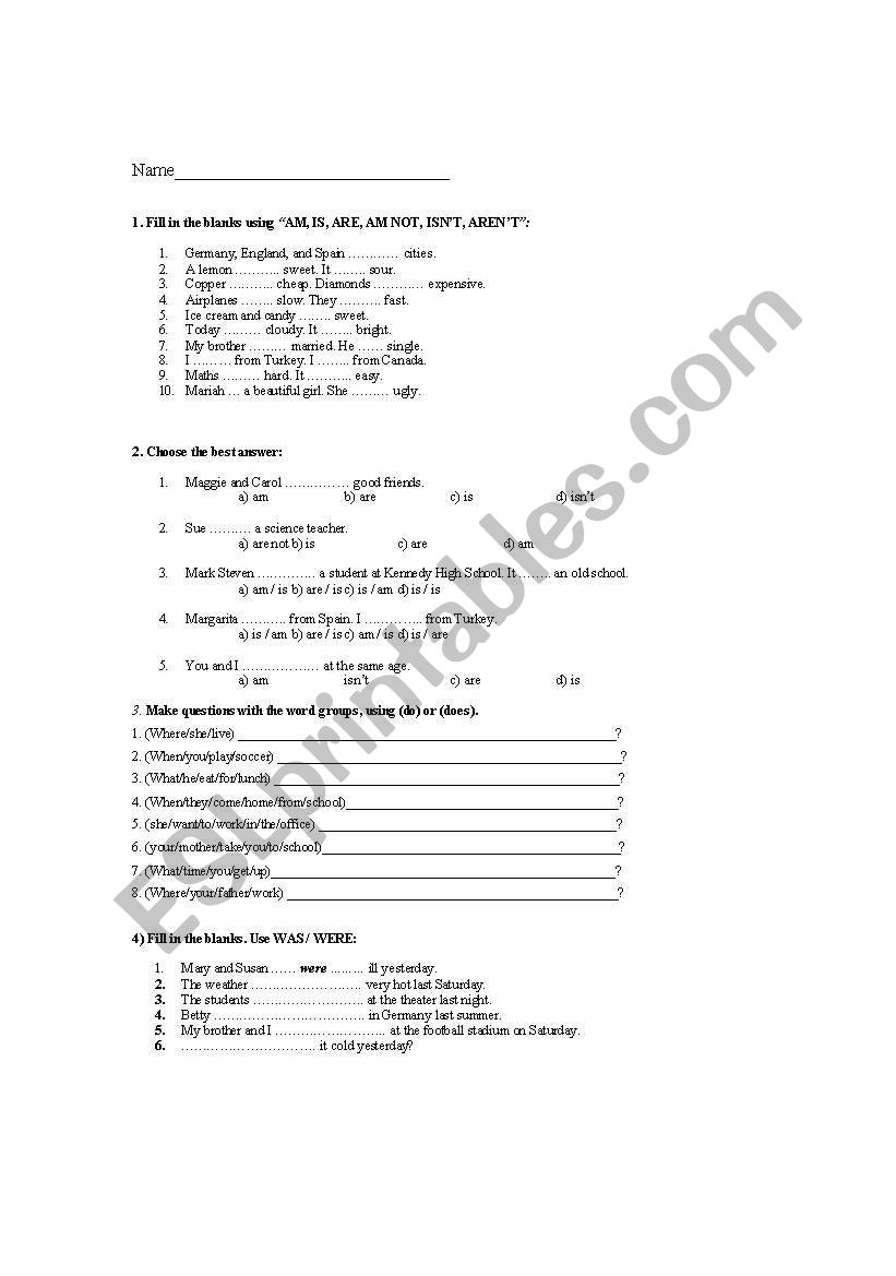 Grammar test worksheet