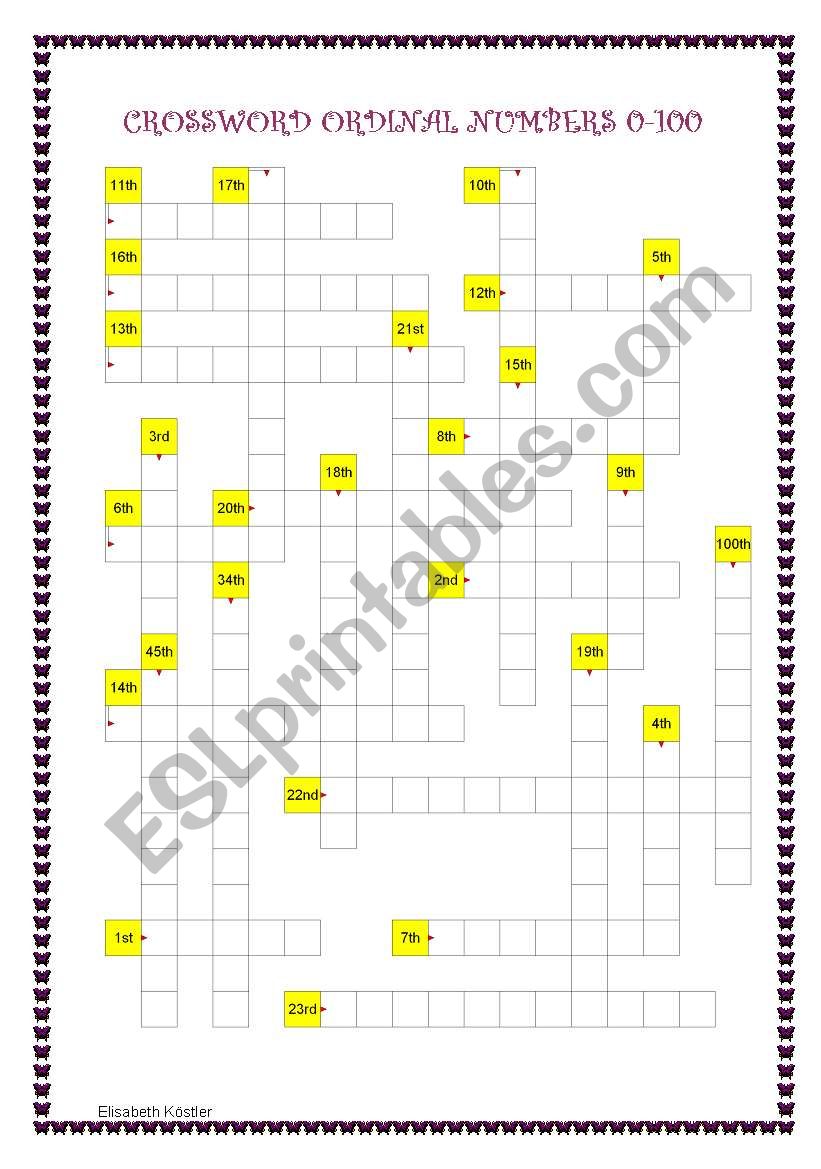 Crossword ordinal numbers  worksheet