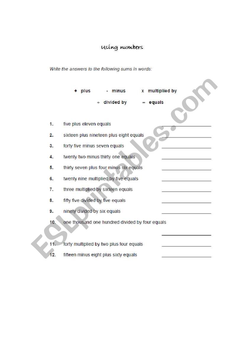 using numbers worksheet