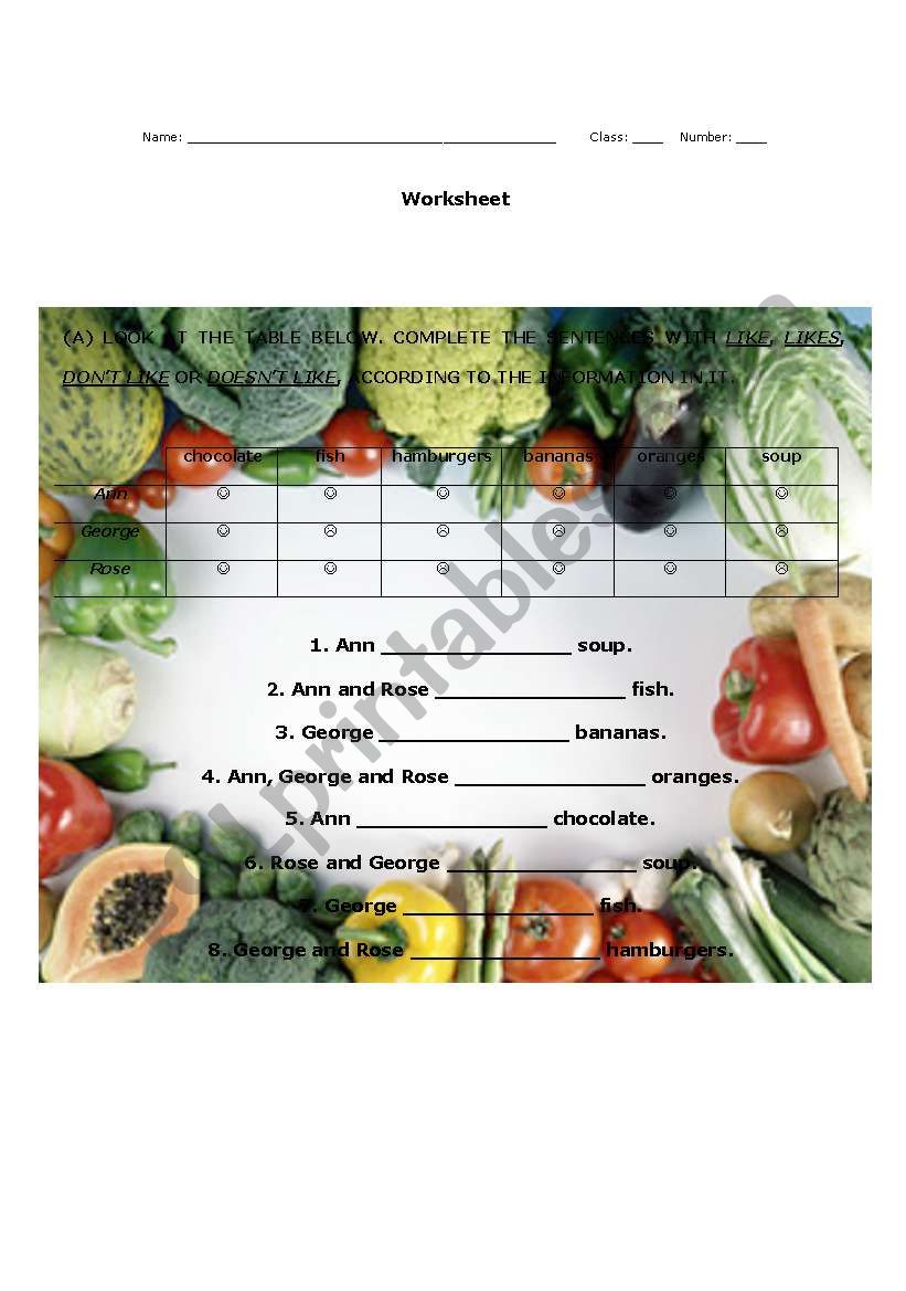 Likes and dislikes - FOOD worksheet