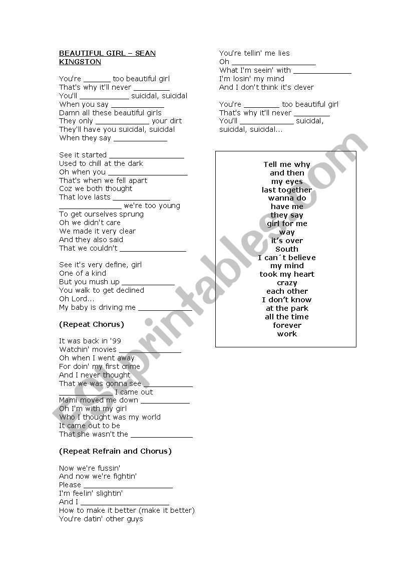 beautiful girl song worksheet