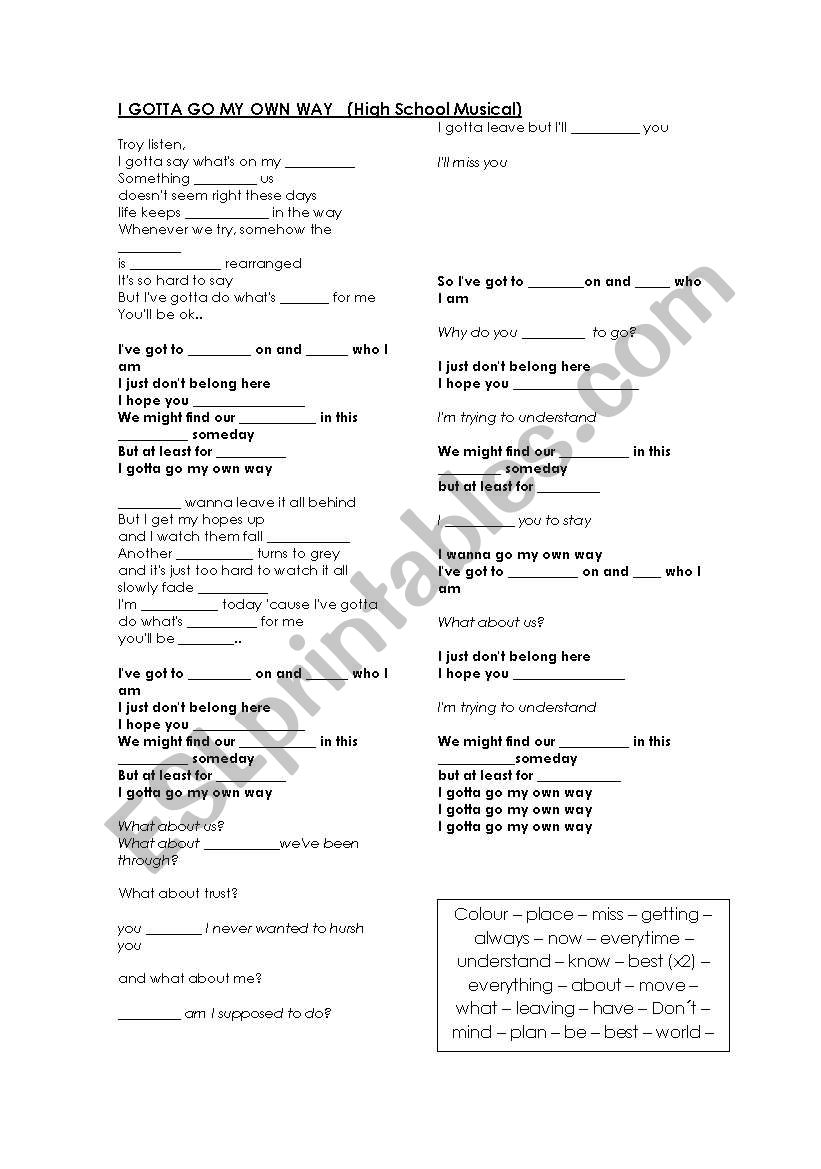 I gotta go my own way worksheet
