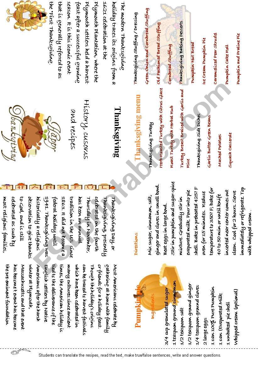 THANKSGIVING MINIBOOK worksheet