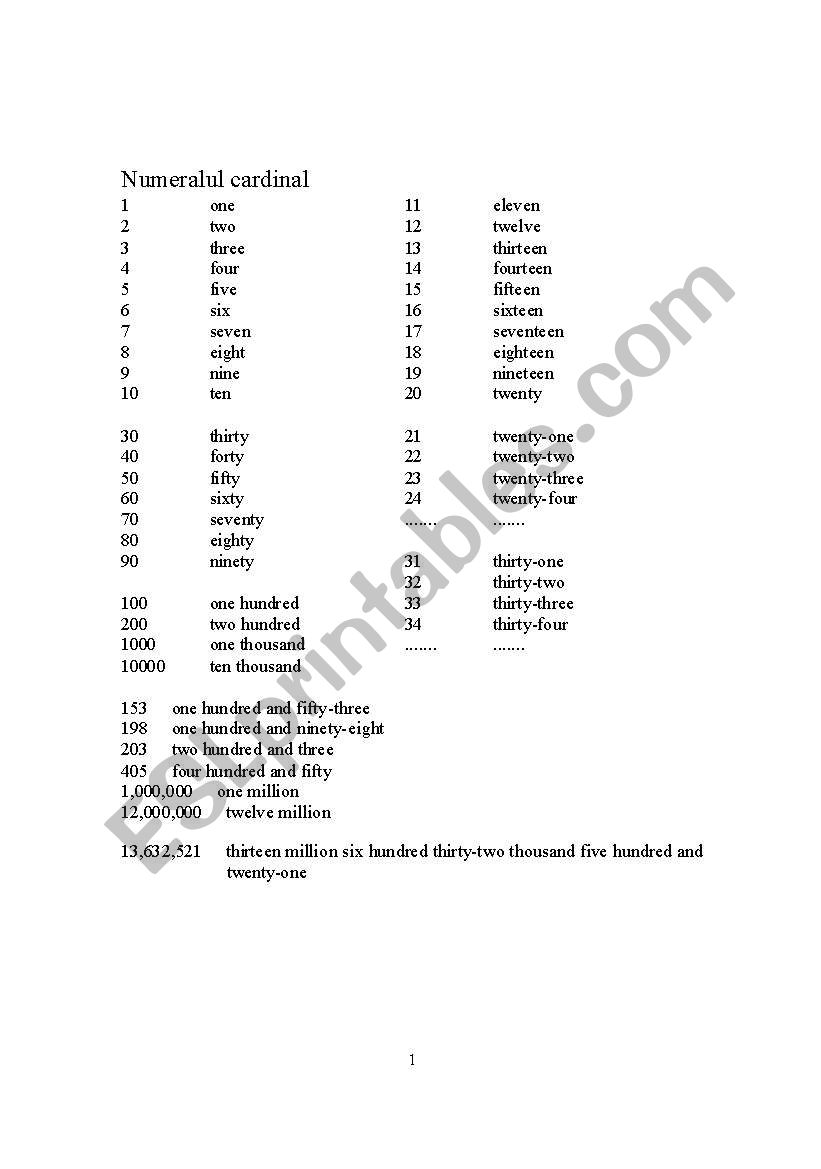 numbers  worksheet