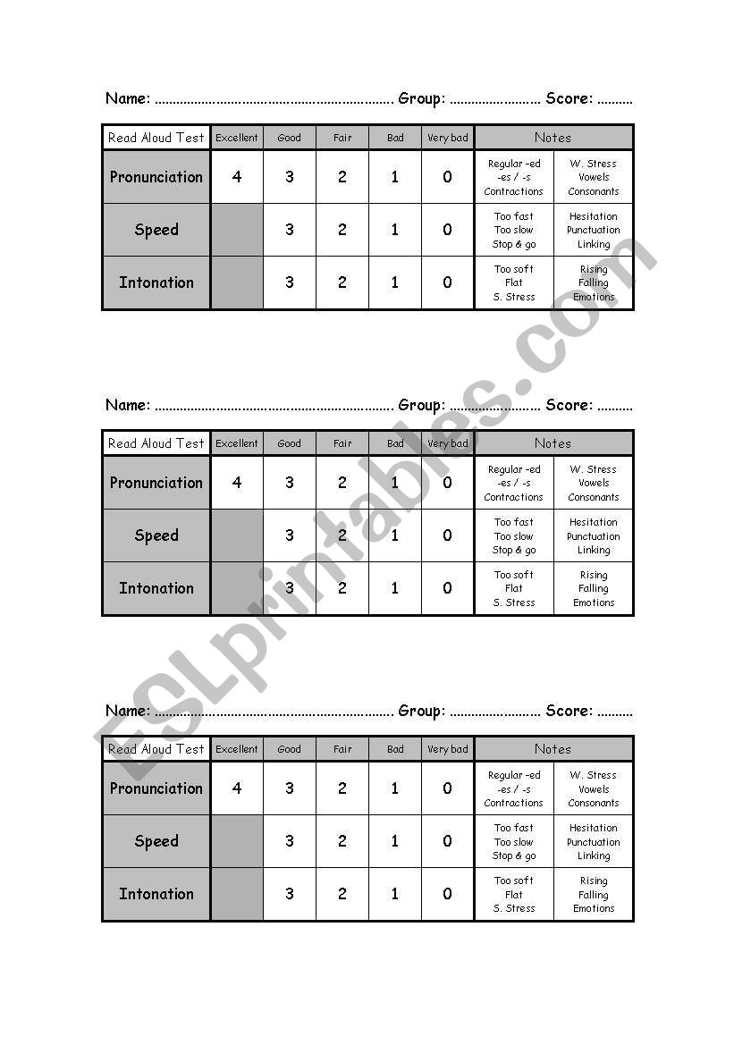 Reading Aloud Test worksheet