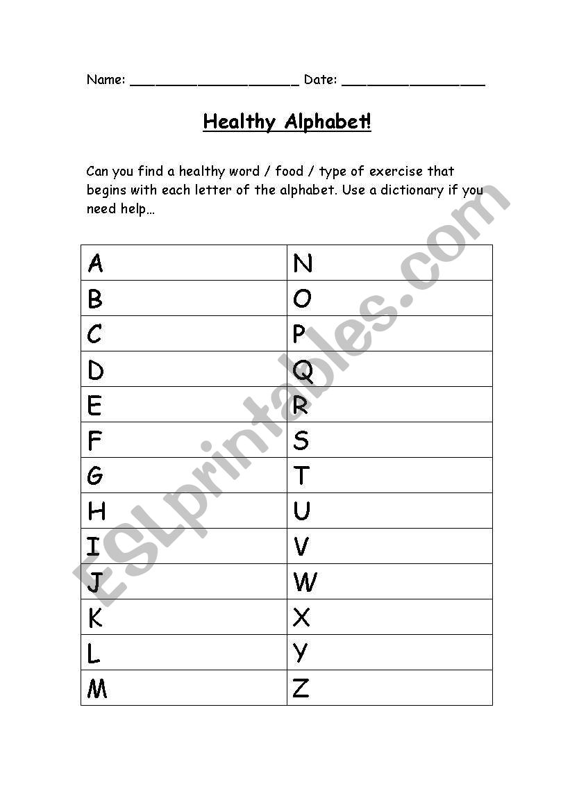 healthy alphabet worksheet