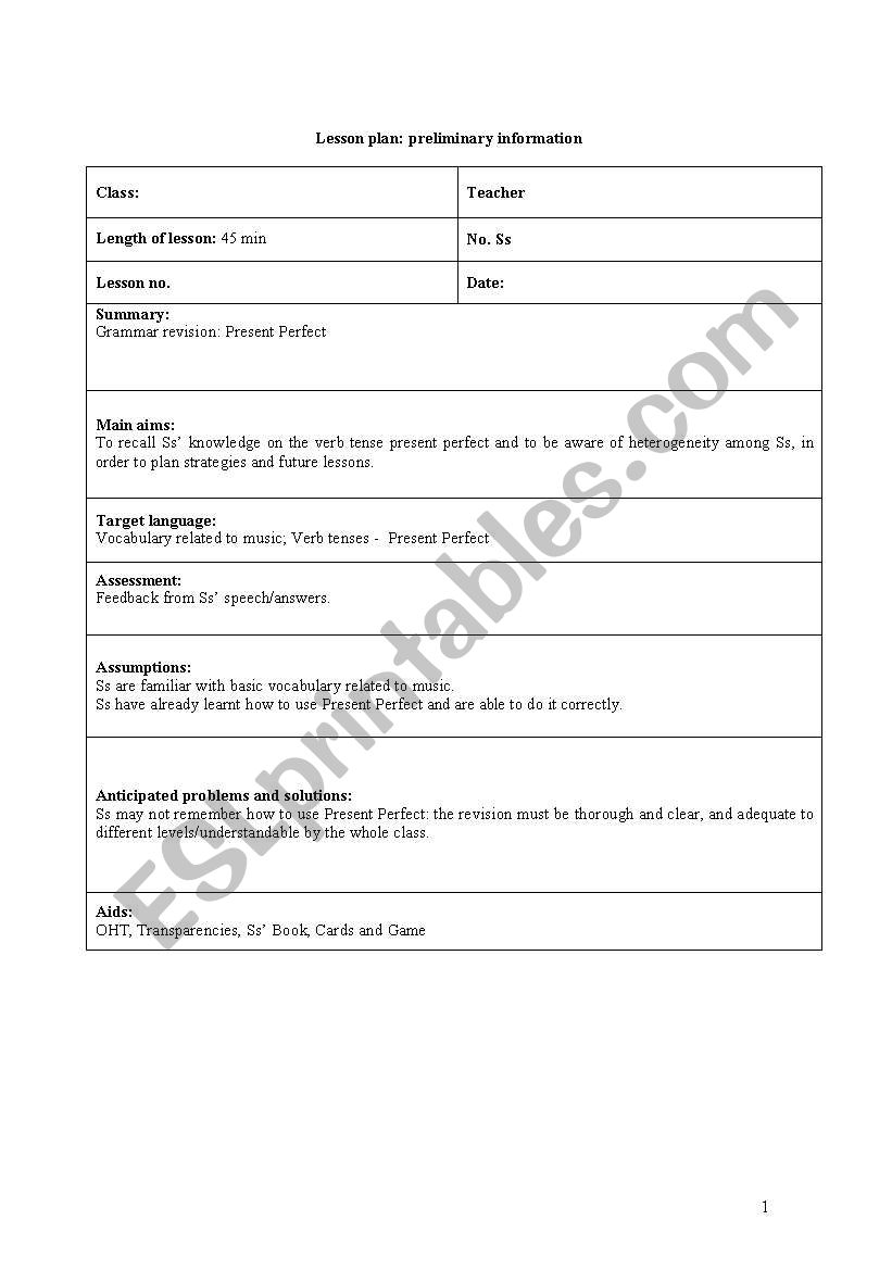 Lesson plan - Revision of the Present Perfect (3 sheets)