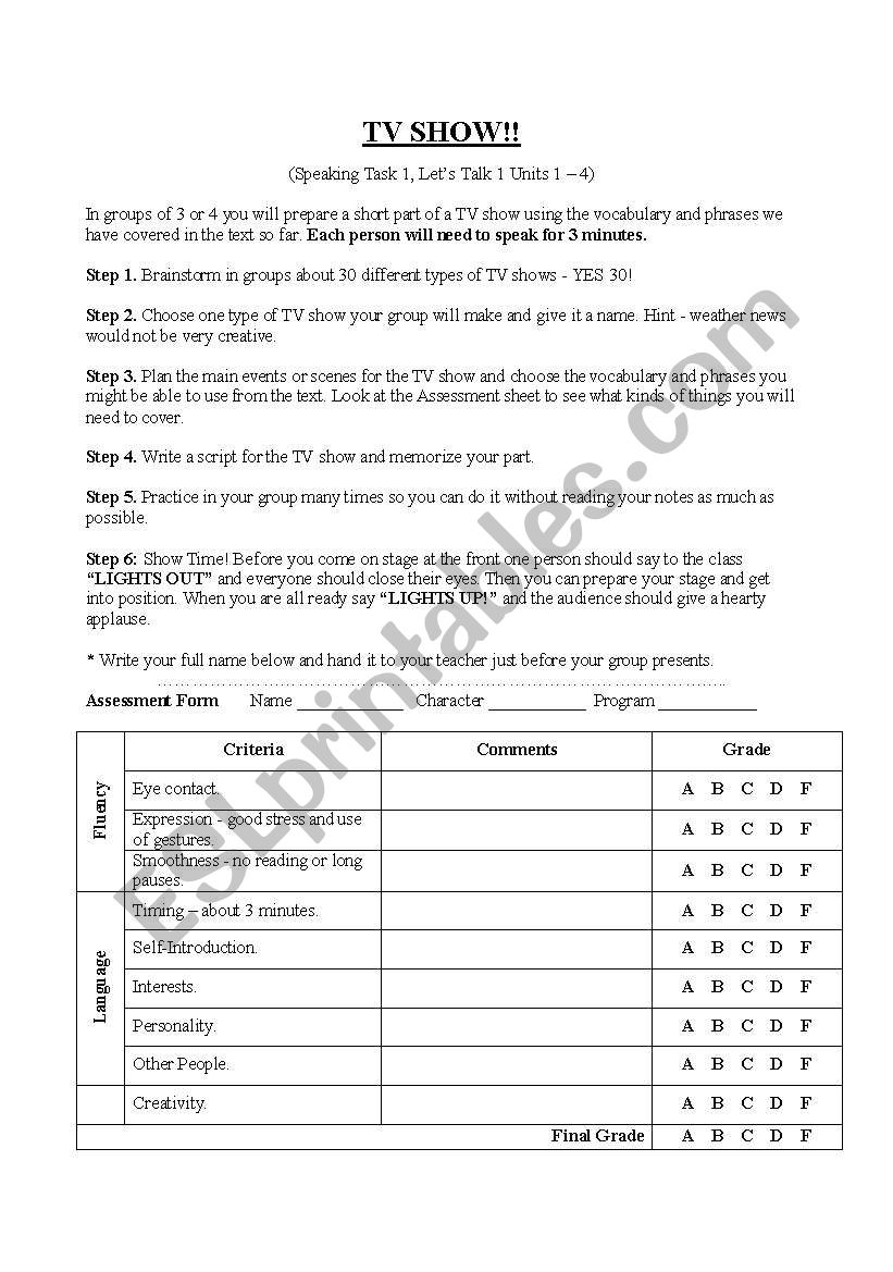 TV show worksheet