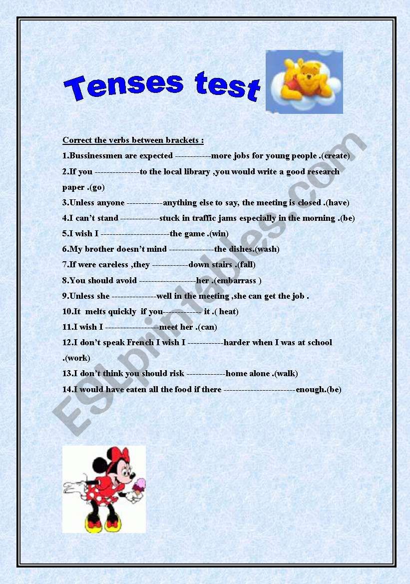 tenses test worksheet