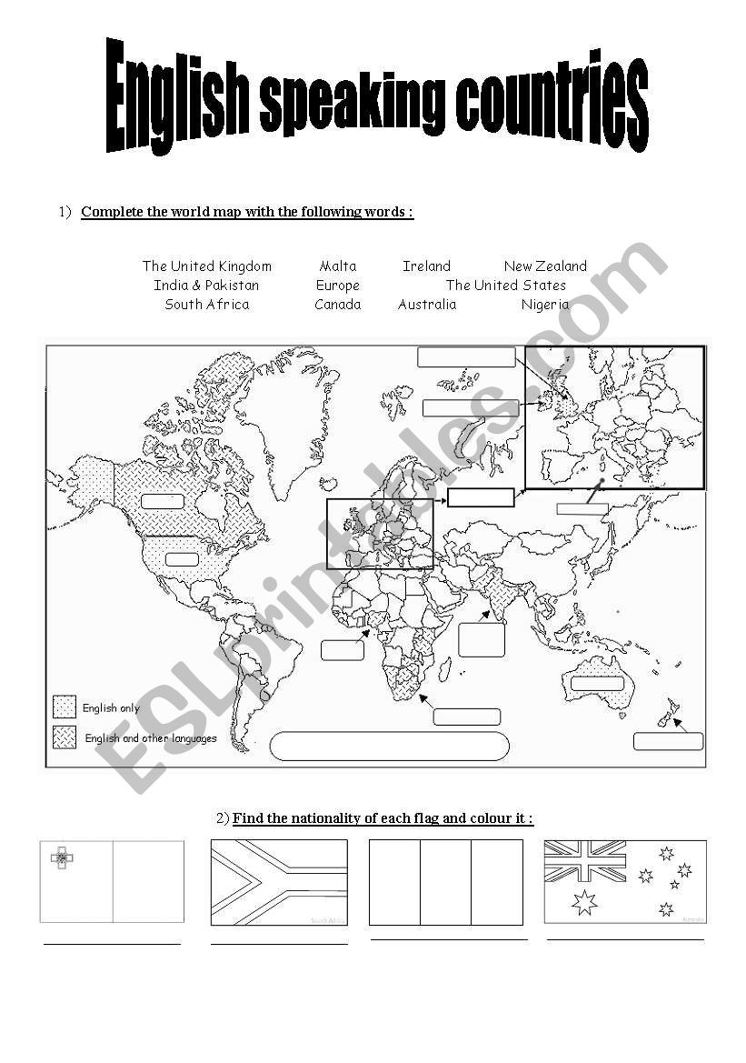 English speaking countries worksheet