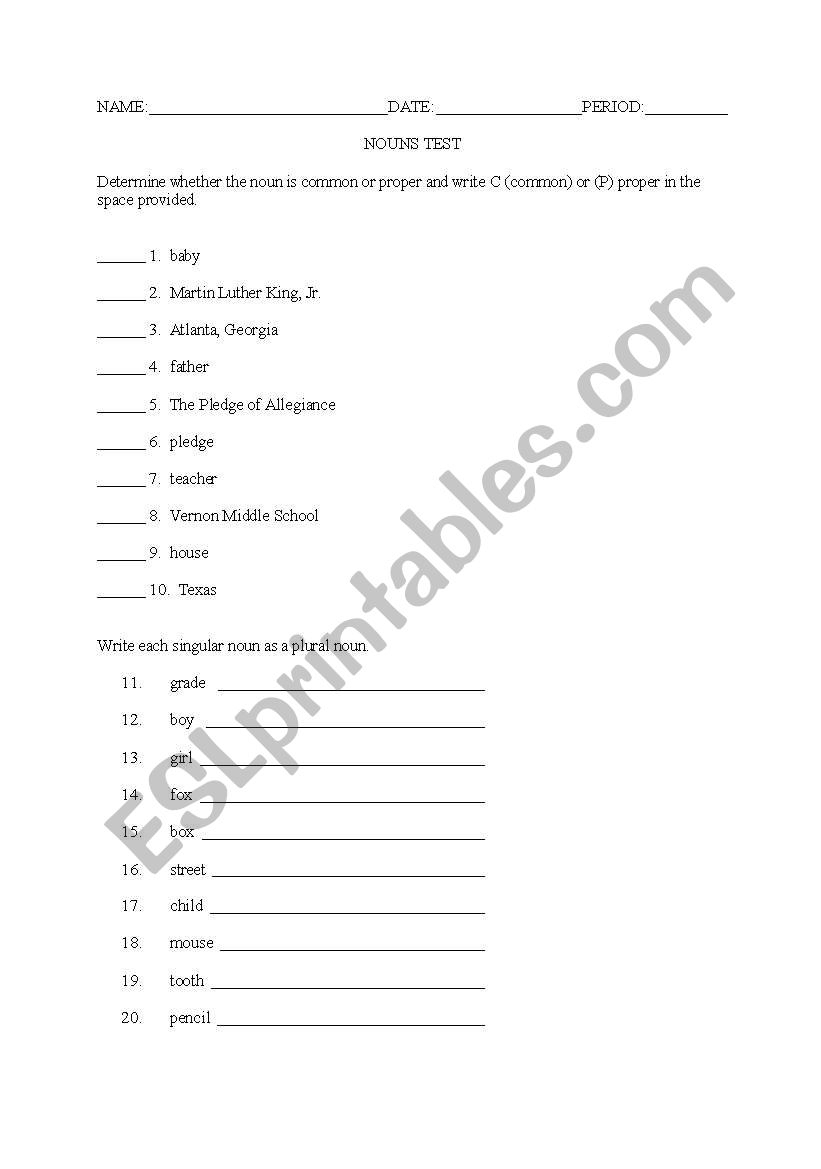 Nouns Test worksheet