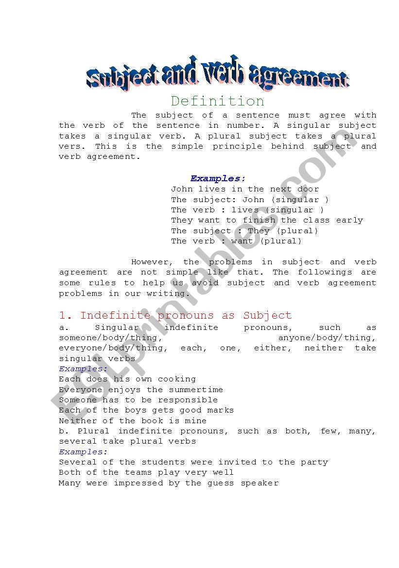 subject and verb agreement worksheet