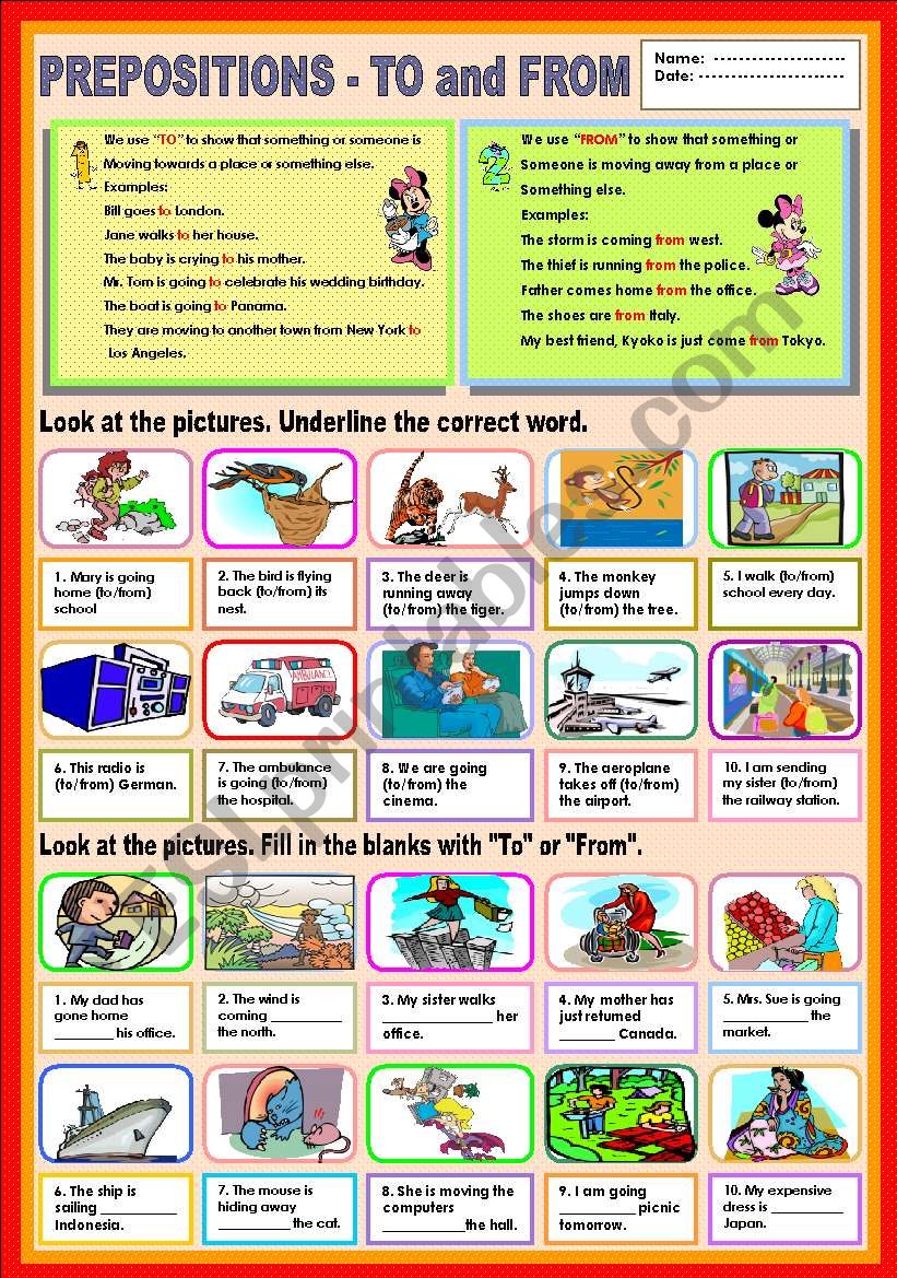 Prepositions - To and From worksheet