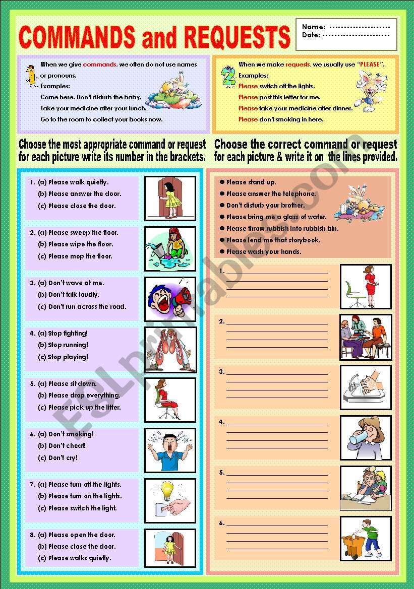 Command Sentences Worksheets