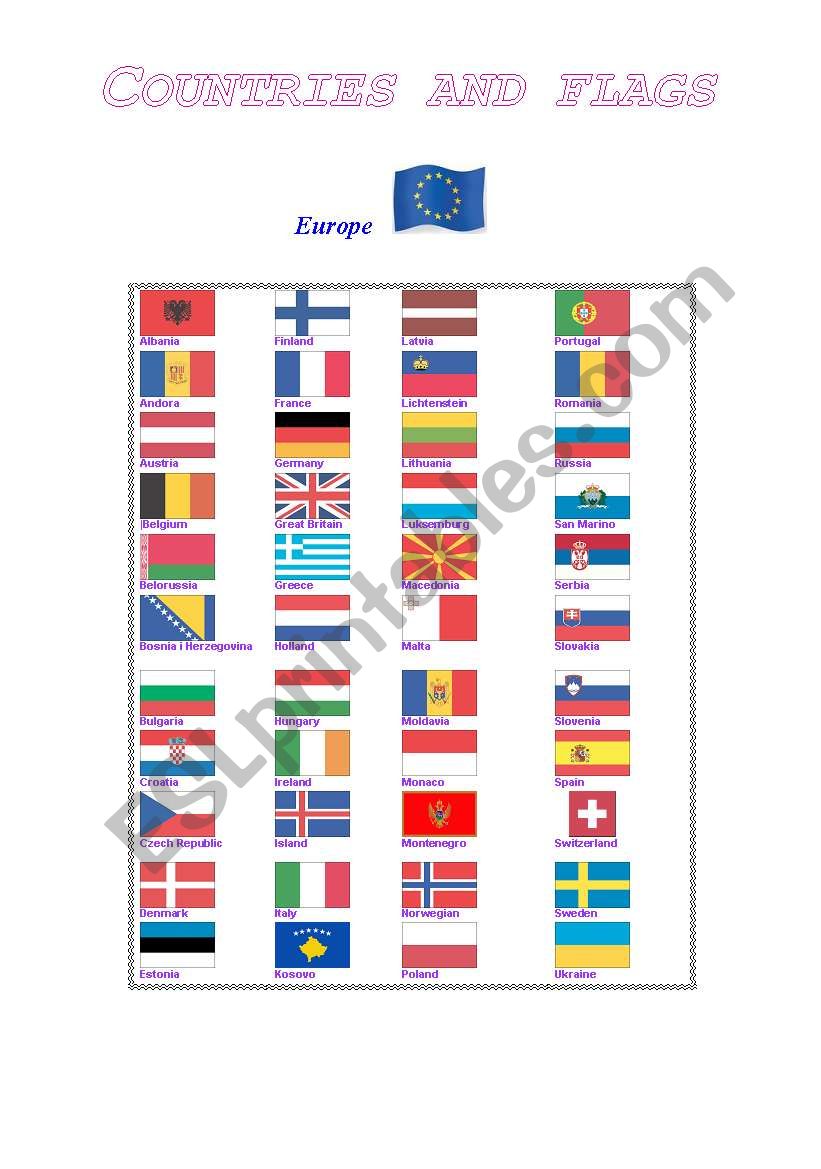 Lands and flags of Europe worksheet