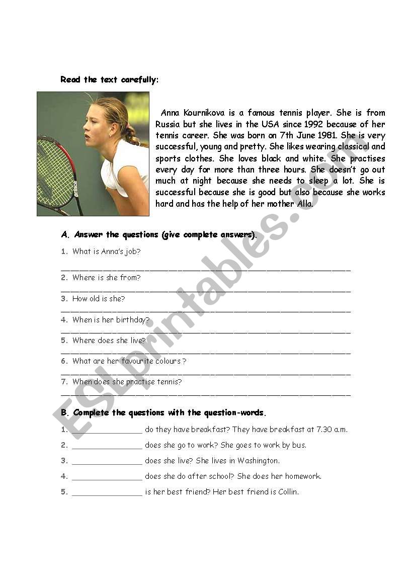 Reading comprehension worksheet