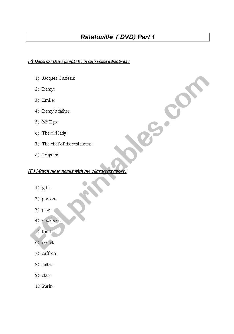 Ratatouille worksheet