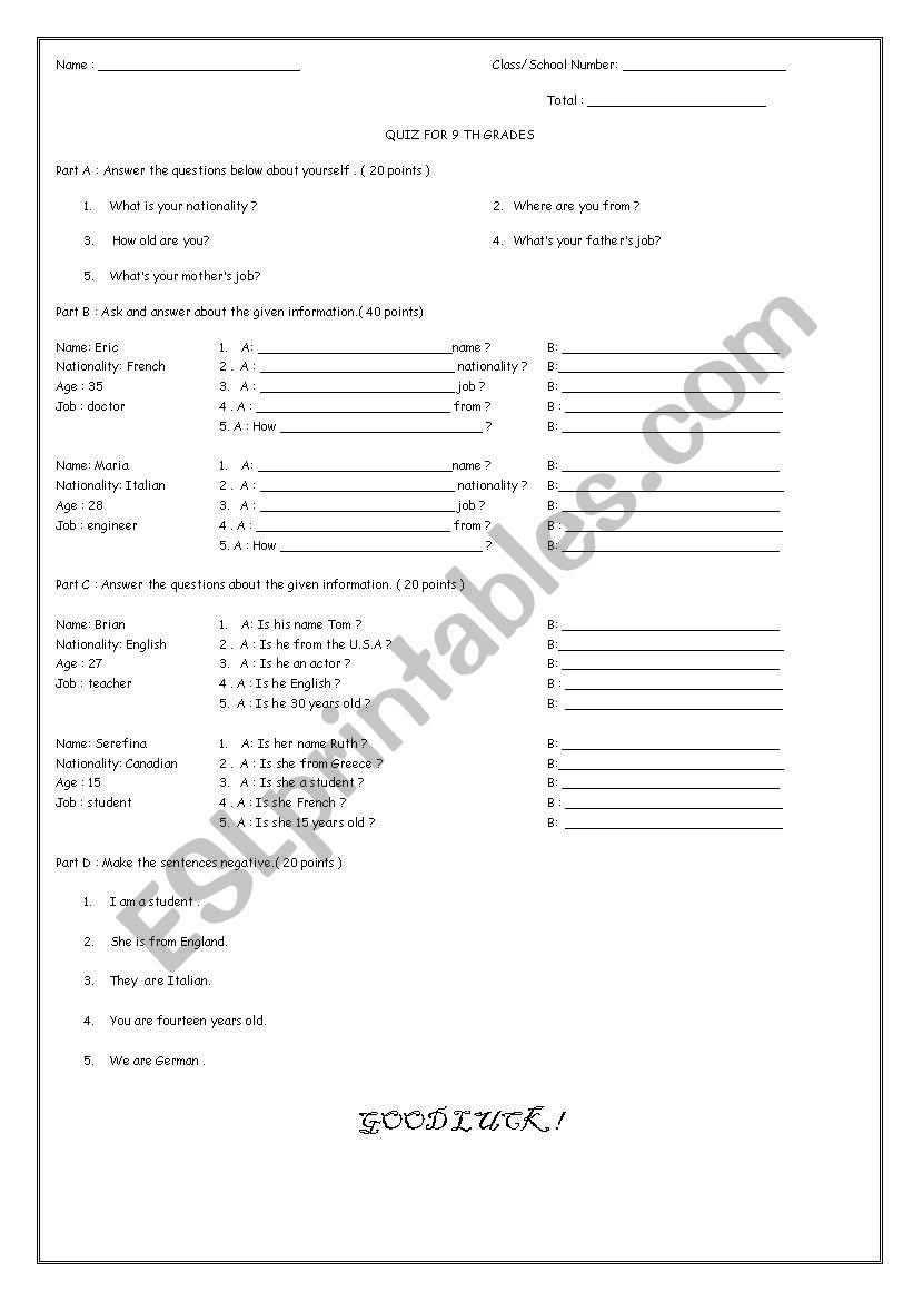 A quiz for beginners worksheet