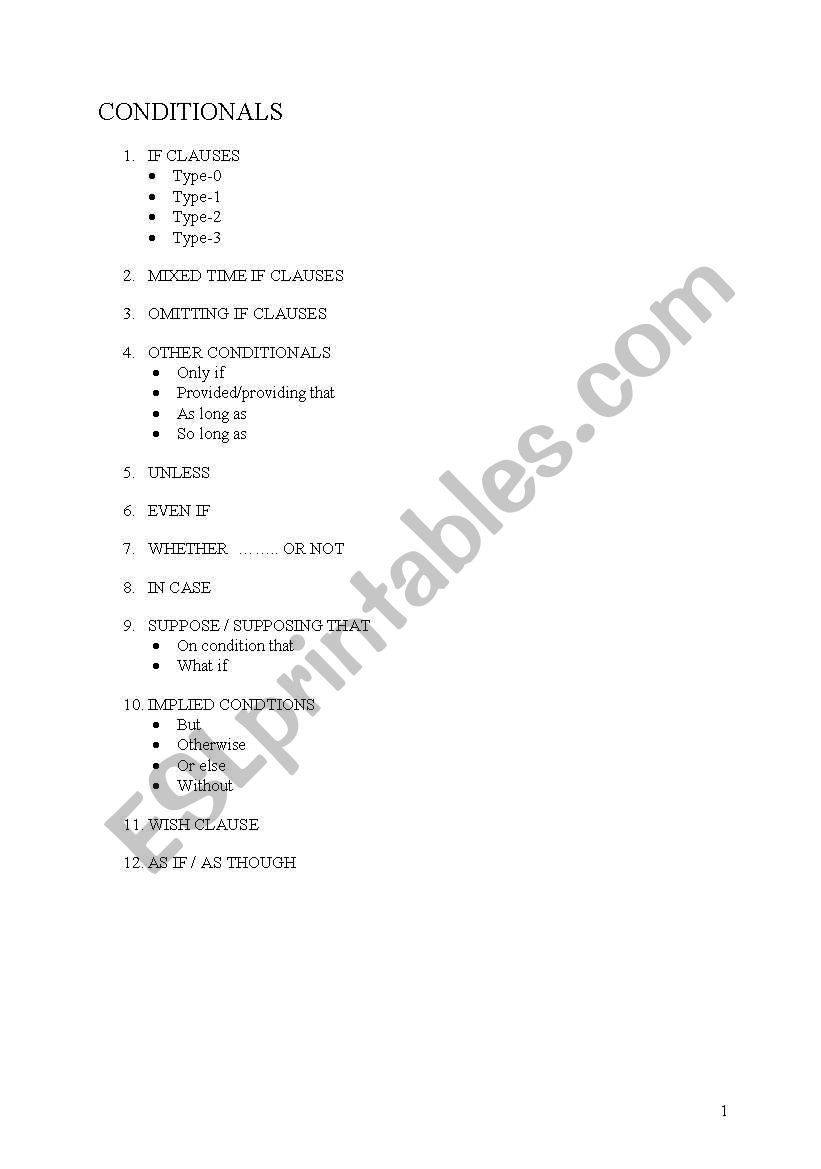 conditional tenses chart worksheet