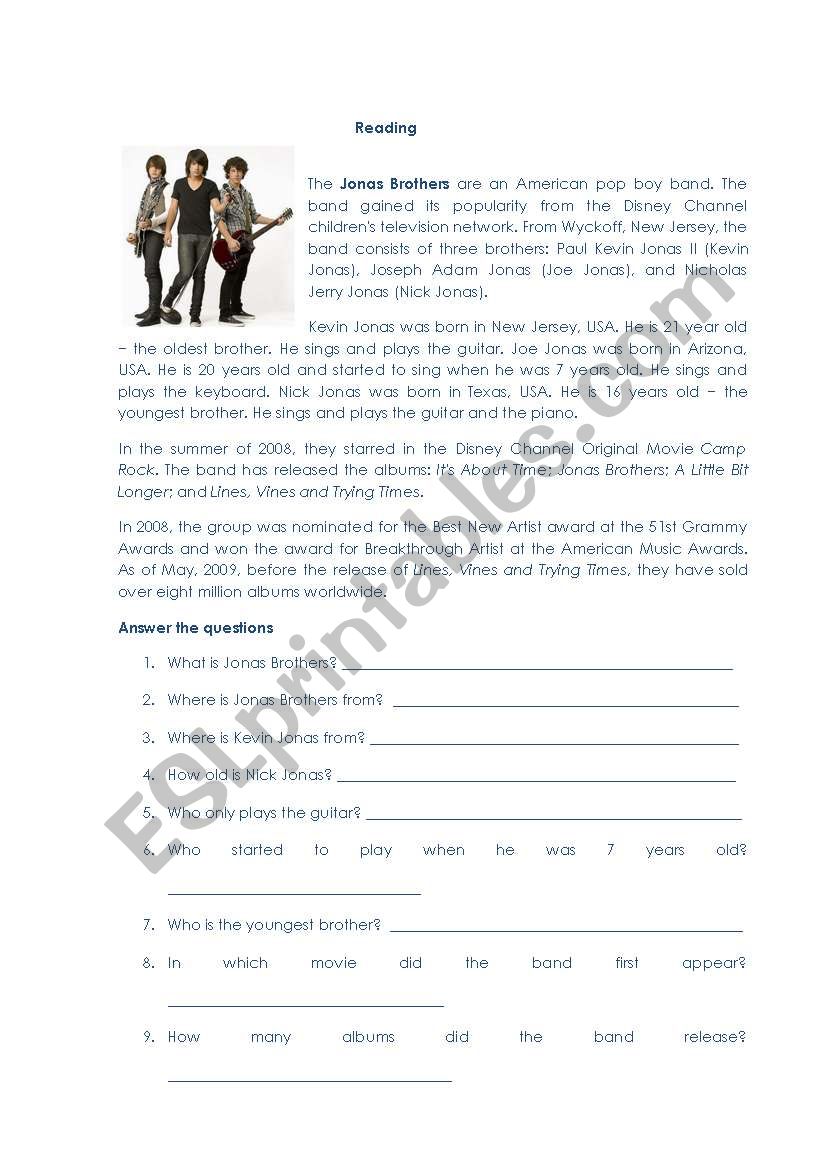 Jonas Brothers Biography worksheet