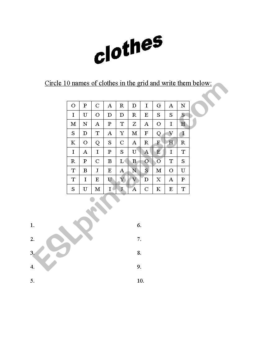 The clothes : crossword worksheet