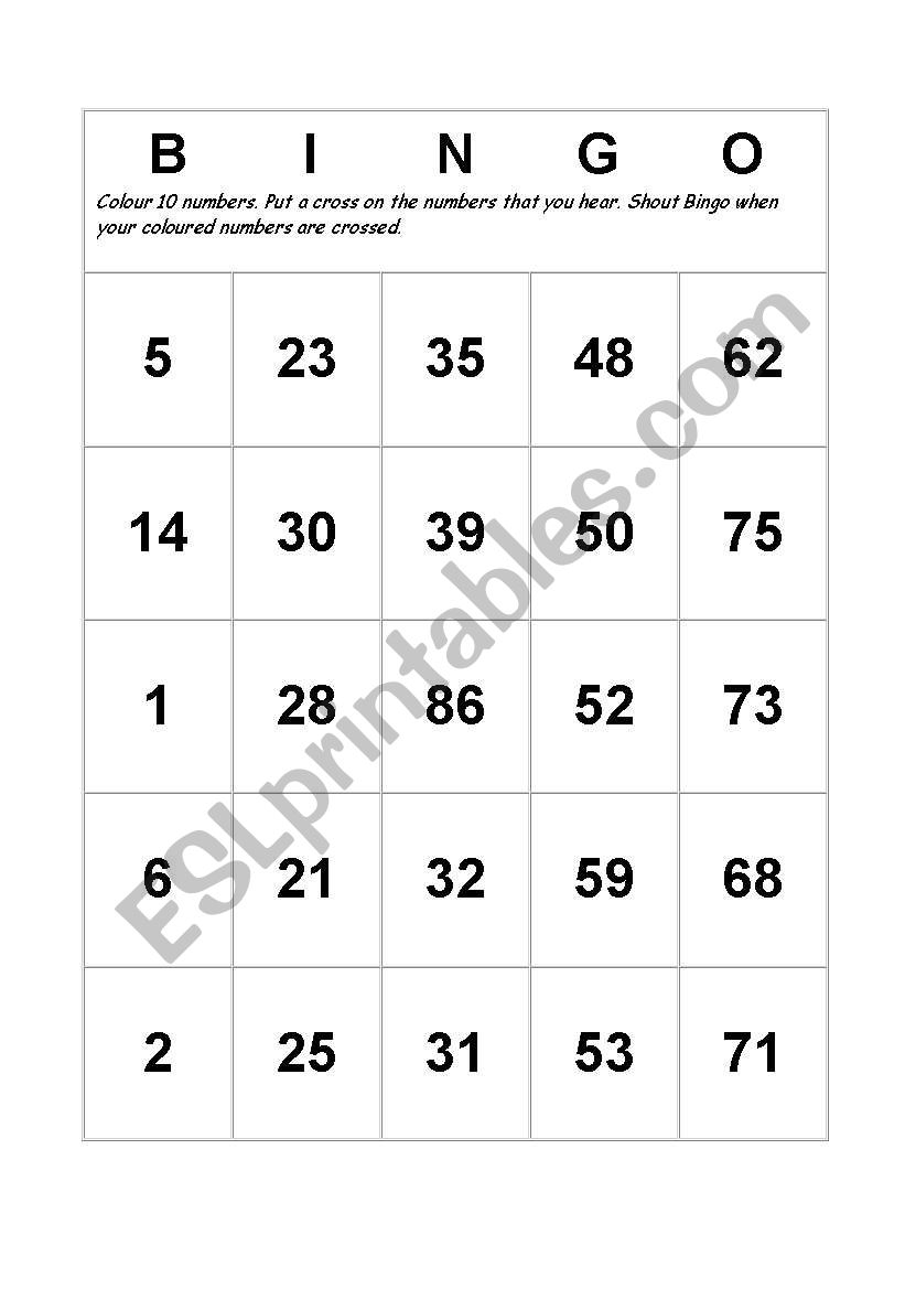 Bingo worksheet