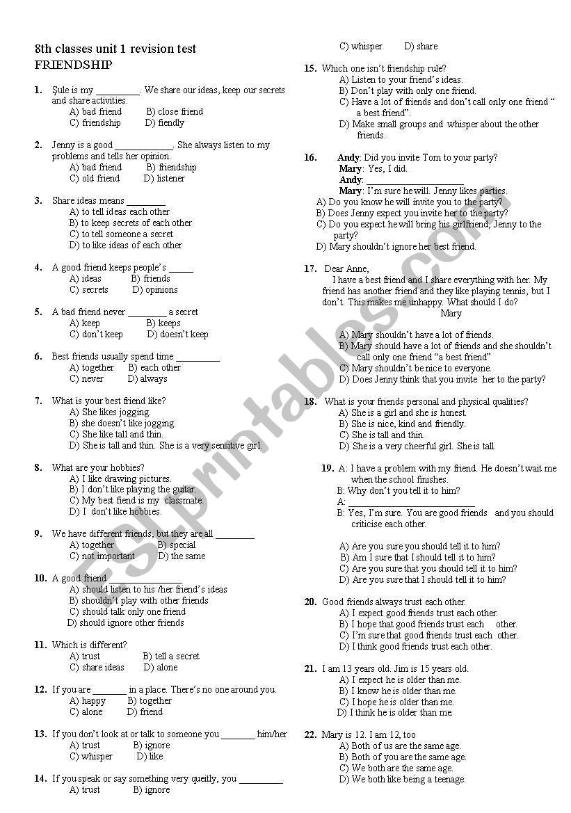 friendship revision test worksheet