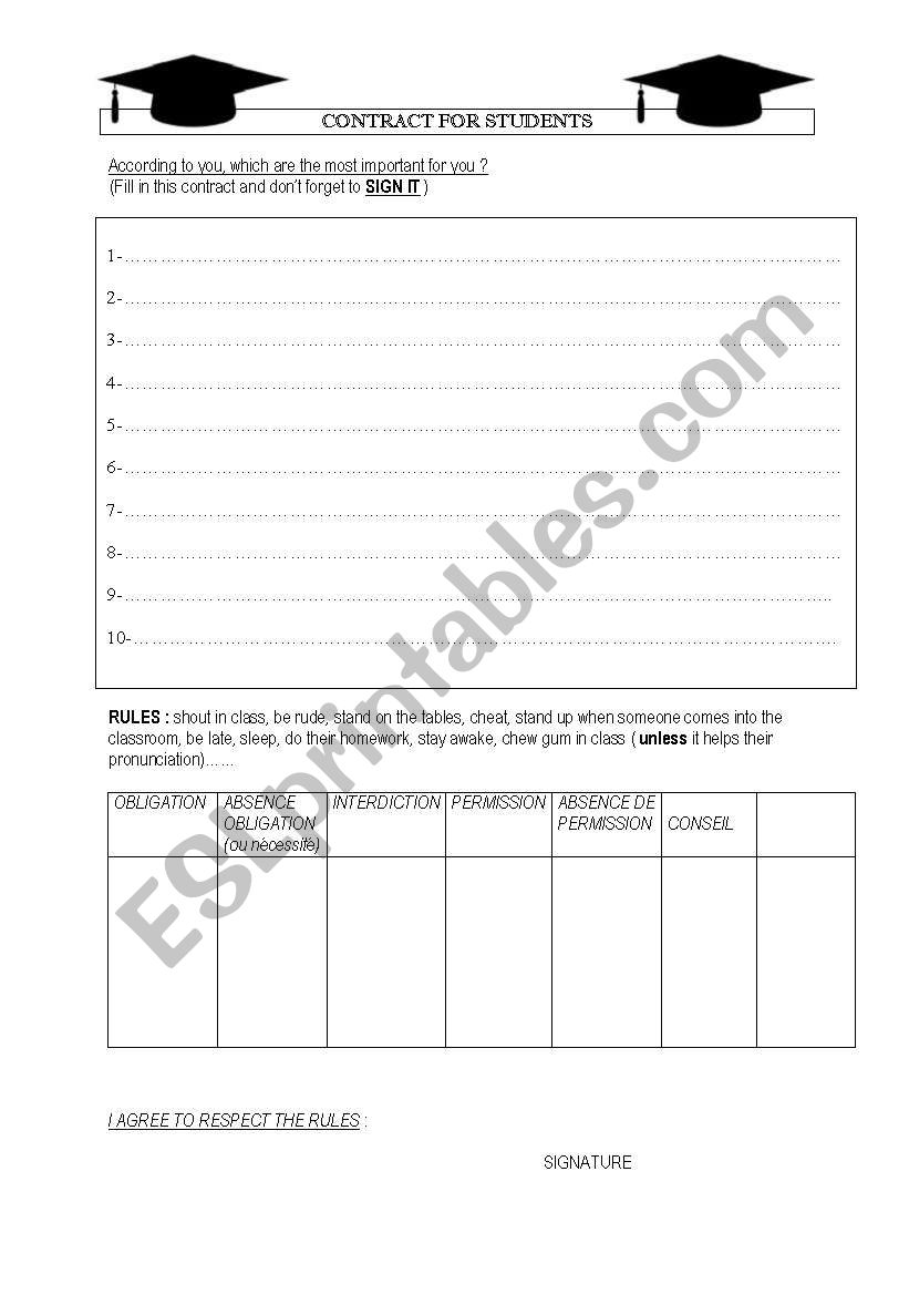 contract for students worksheet