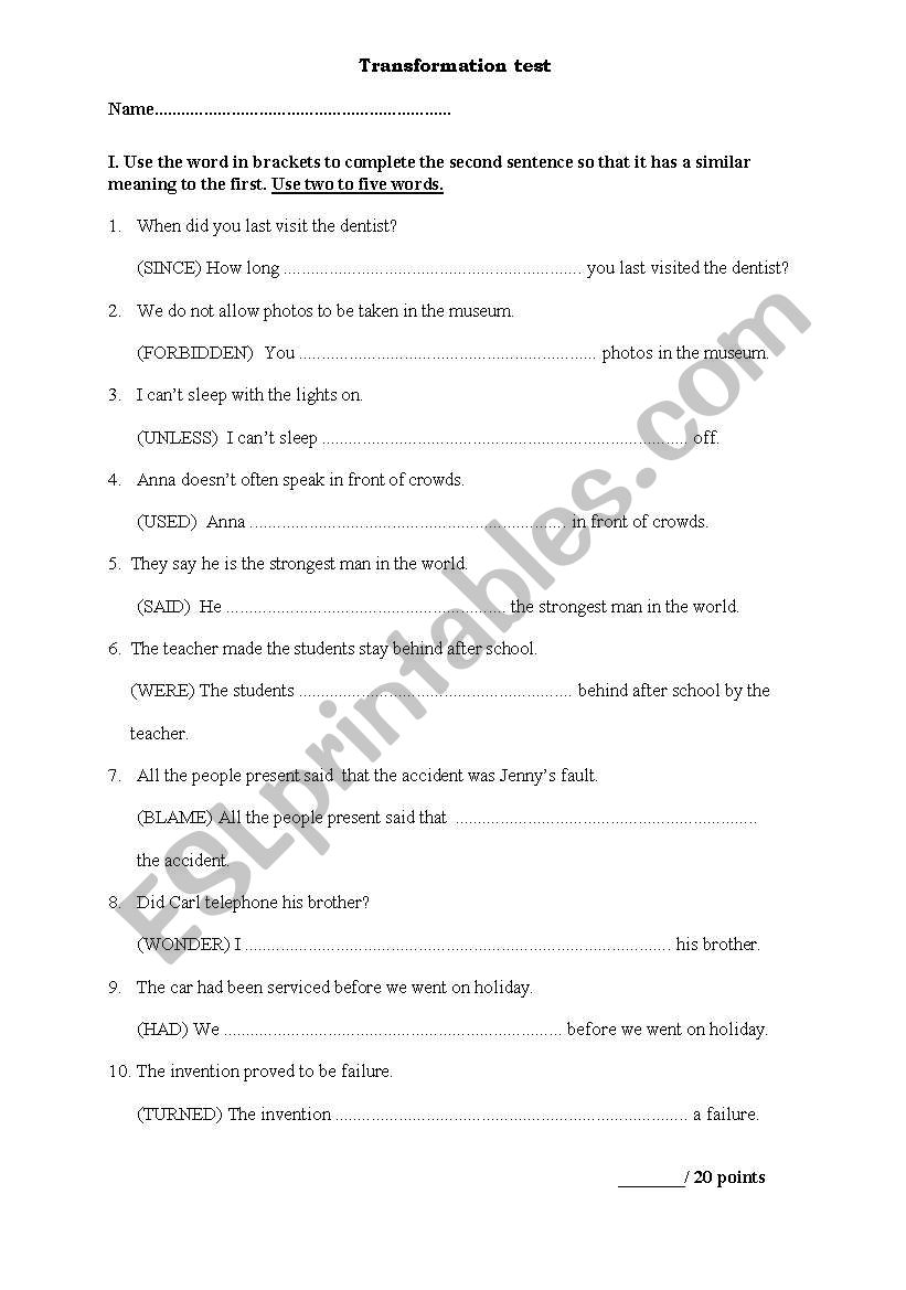 REPHRASING TEST worksheet