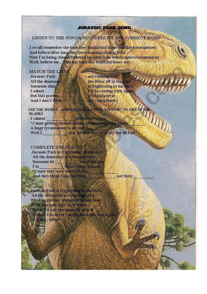 dinosaurs- song  worksheet