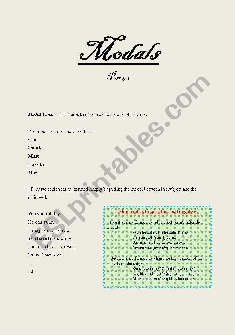 Modals (1 of 2 parts) worksheet