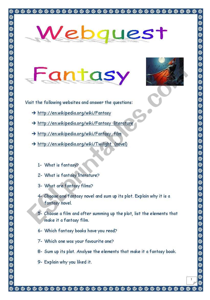 FANTASY WEBQUEST (14 questions, 4 pages, including comprehensive KEY).