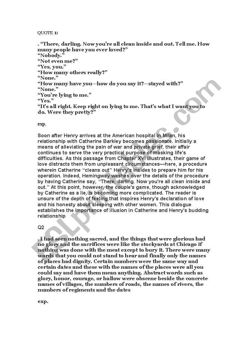 a farewell to arms worksheet