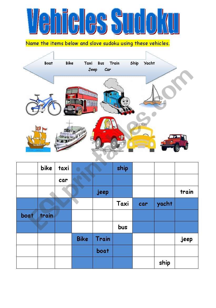 Vehicles Sudoku worksheet