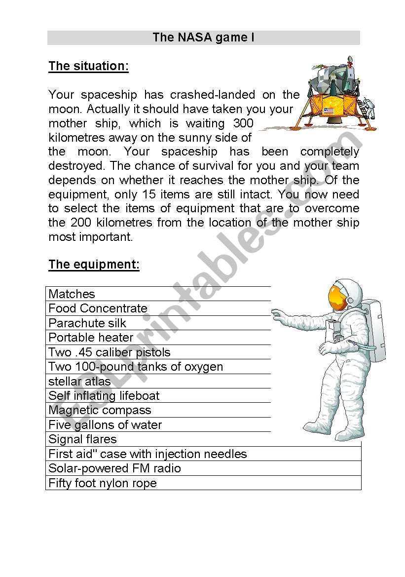 The NASA game I worksheet