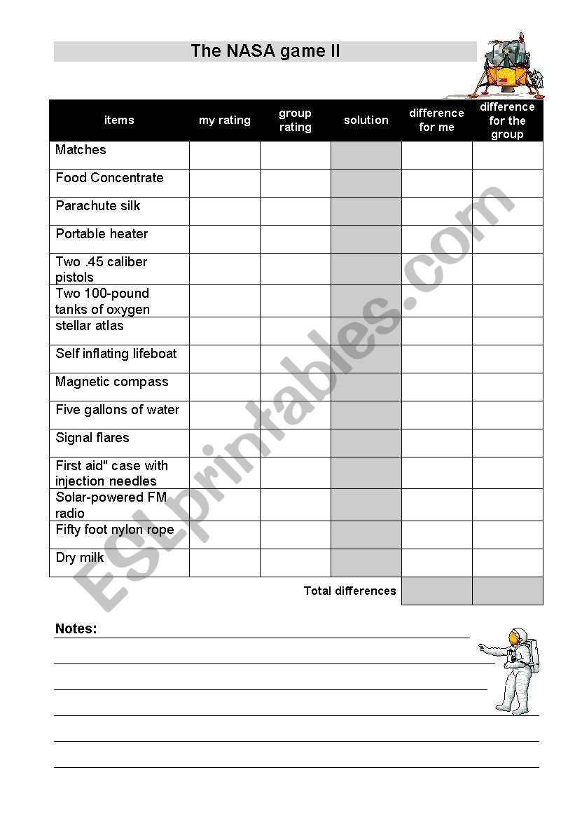 The NASA game II worksheet