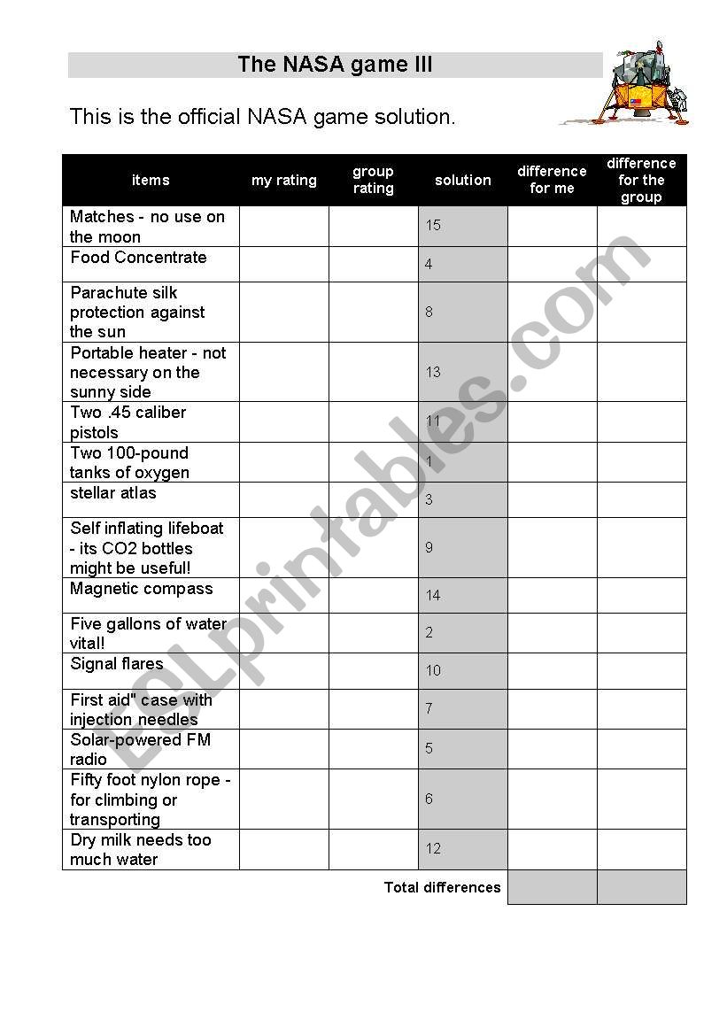 The Nasa game III worksheet