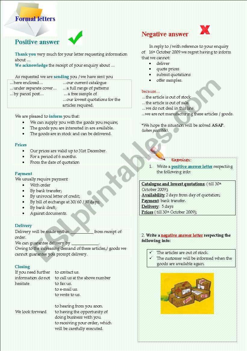 Business english . positive / negative answer to an order - formal letter