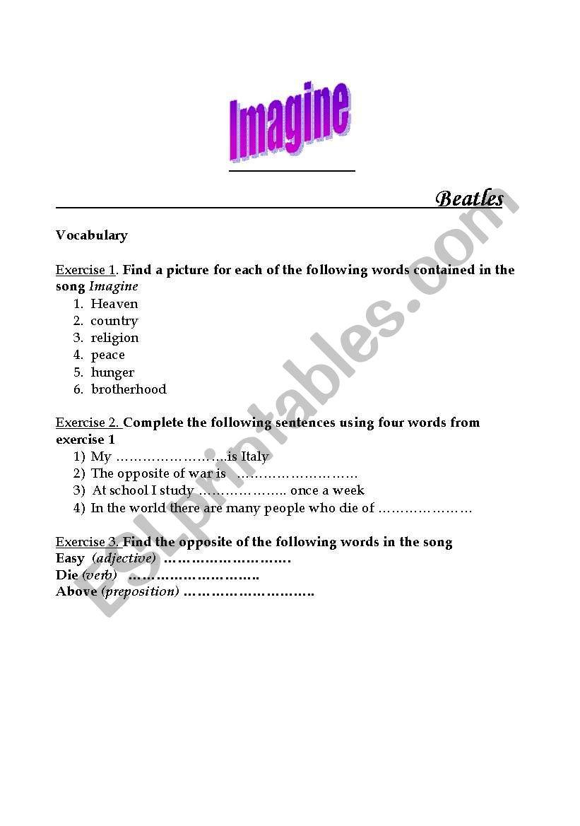 Imagine by Beatles worksheet