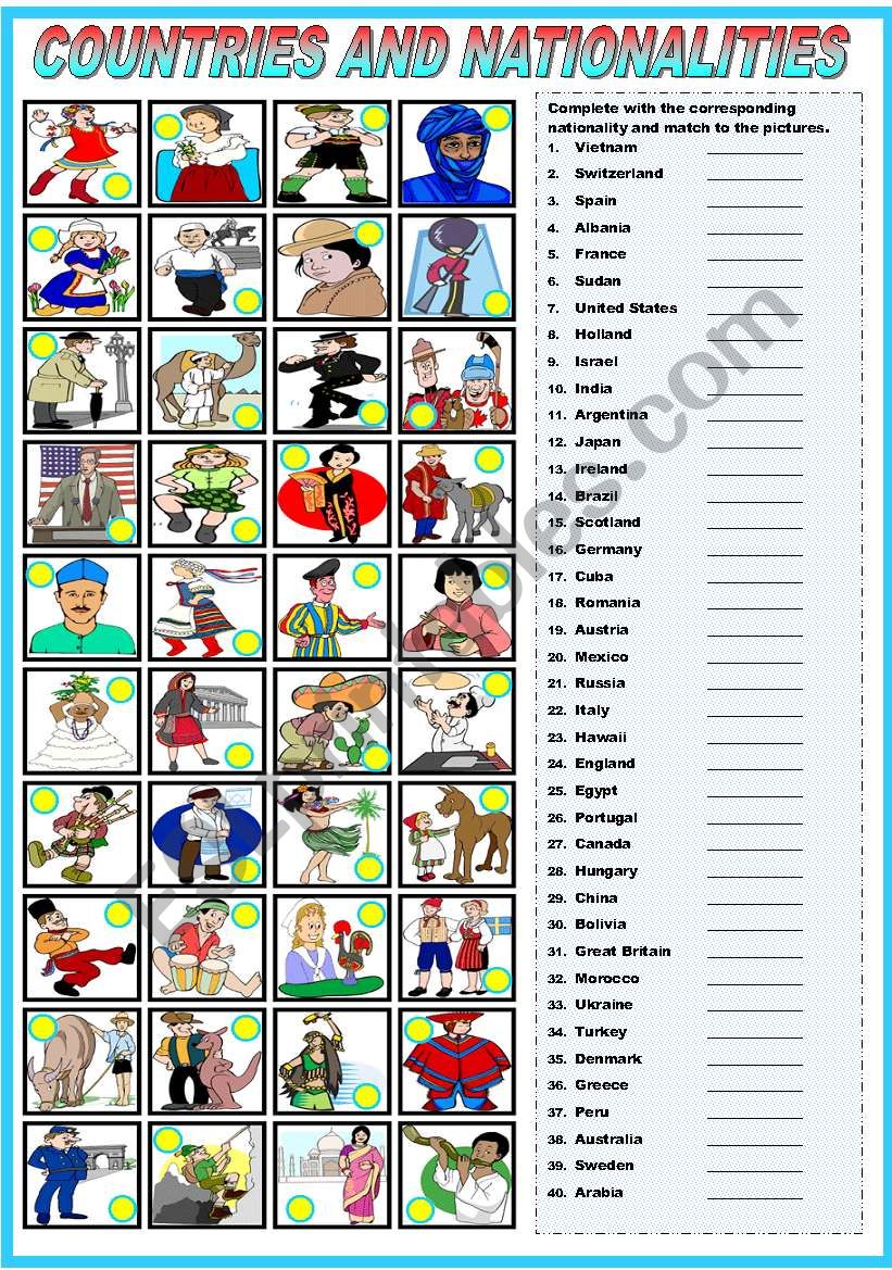 COUNTRIES AND NATIONALITIES - COMPLETE AND MATCH (B&W VERSION INCLUDED)