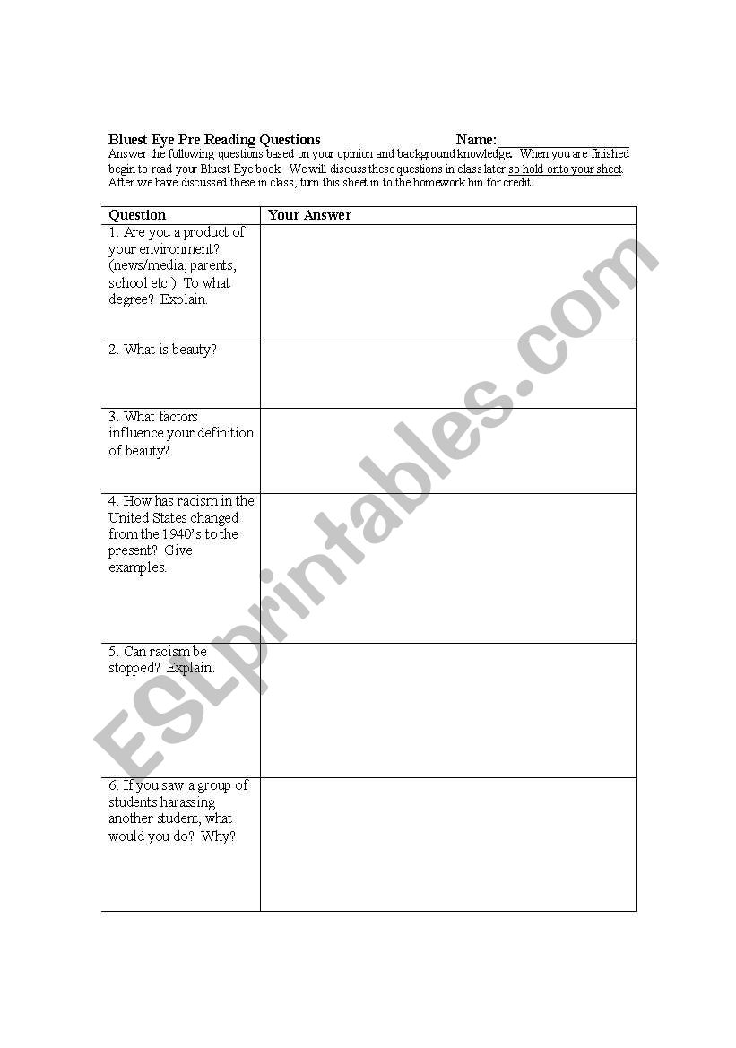 Bluest Eye Pre Reading Questions