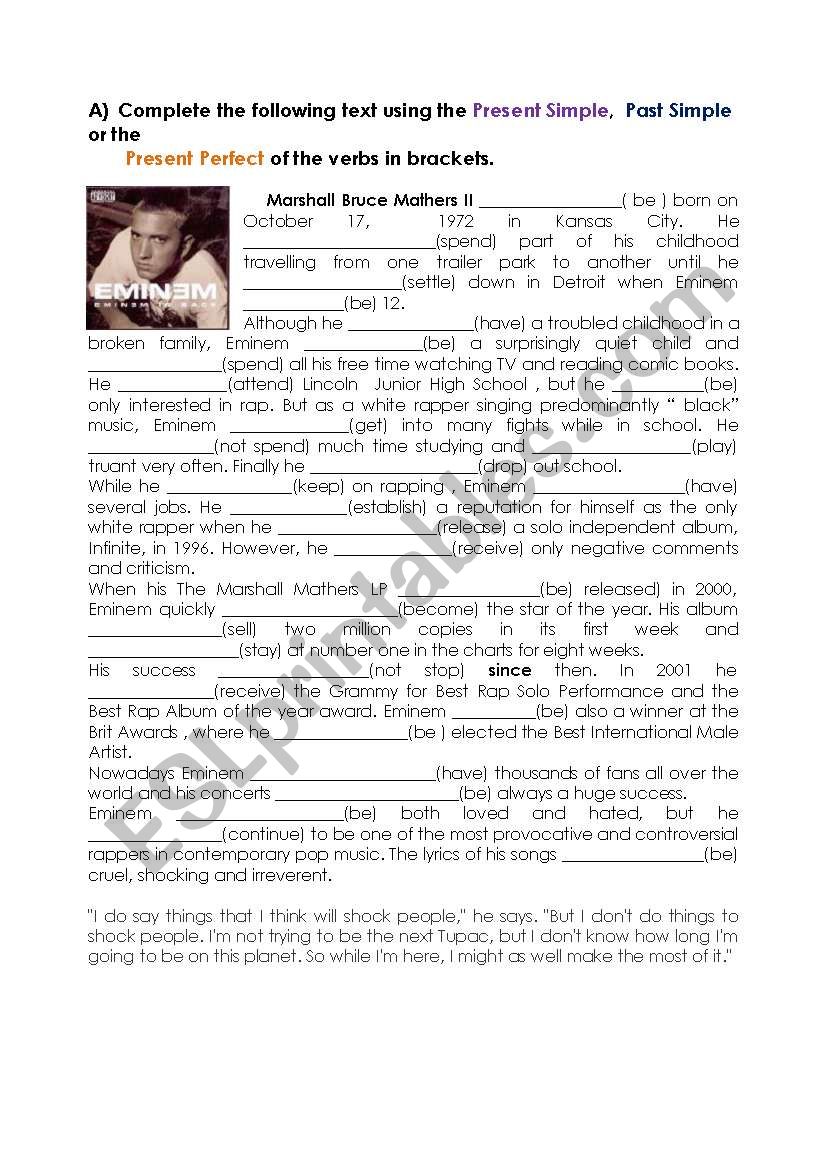 Eminems Biography worksheet