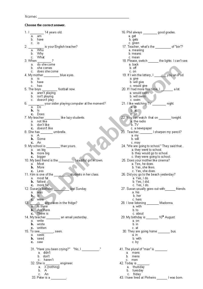 diagnostic test worksheet