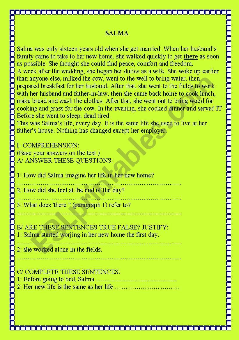 SalmaÂ´s Marriage: Reading Comprehension