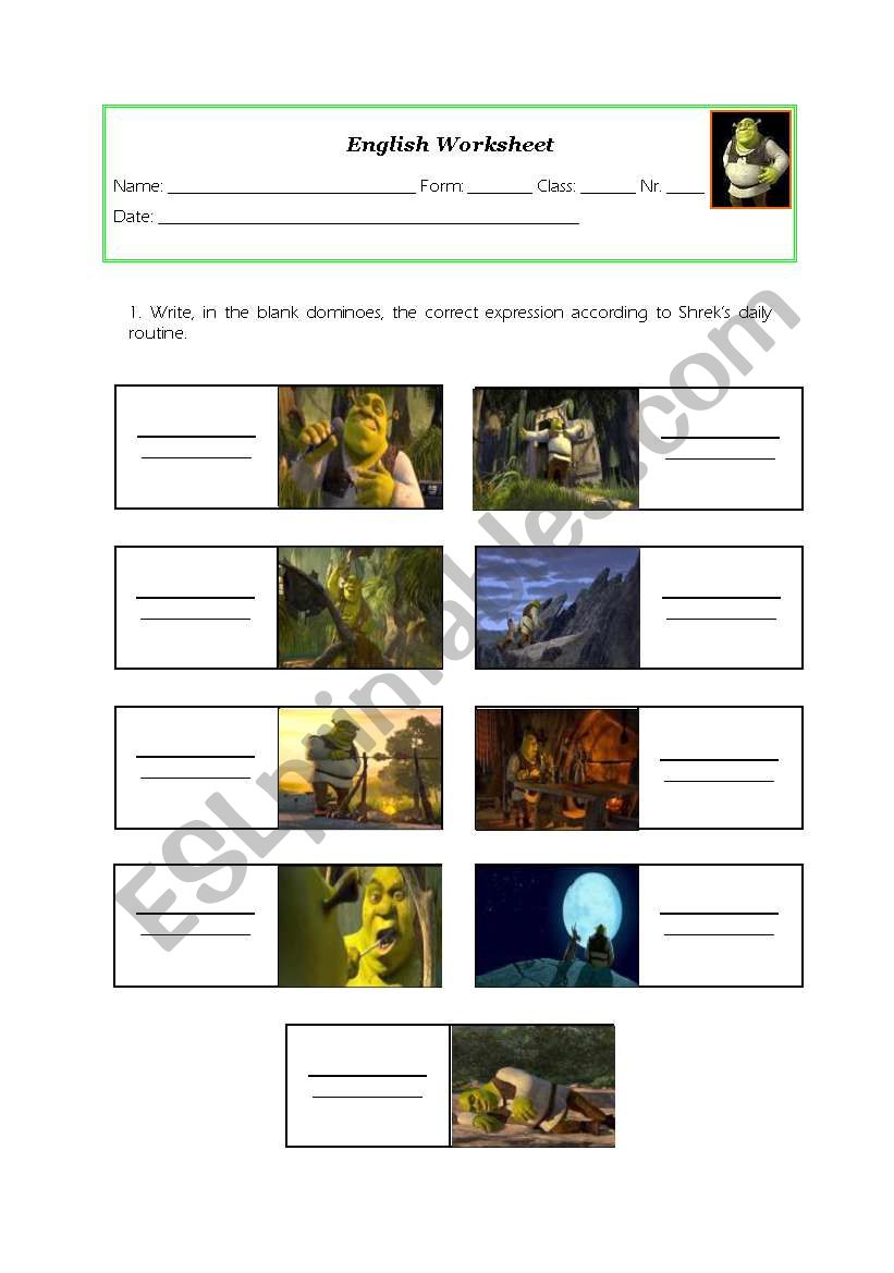shrek´s daily routine - worksheet - ESL worksheet by febra