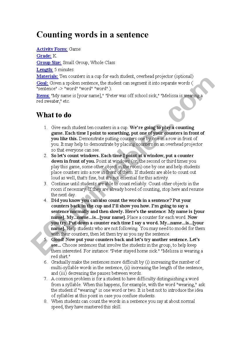 counting words in a sentence worksheet