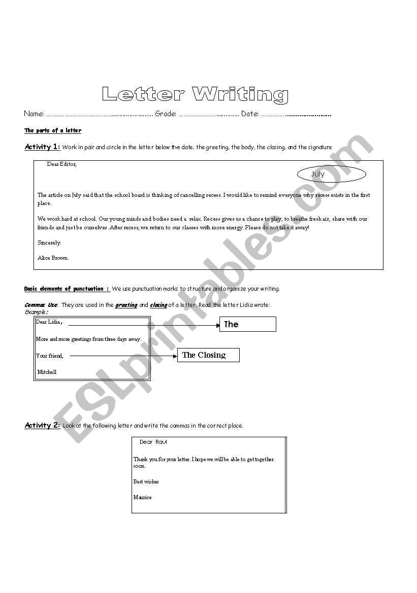 How to write a letter worksheet