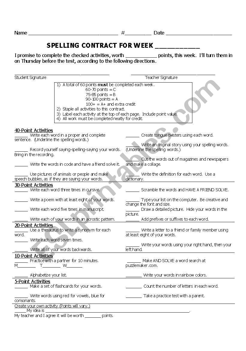 weekly spelling contract worksheet