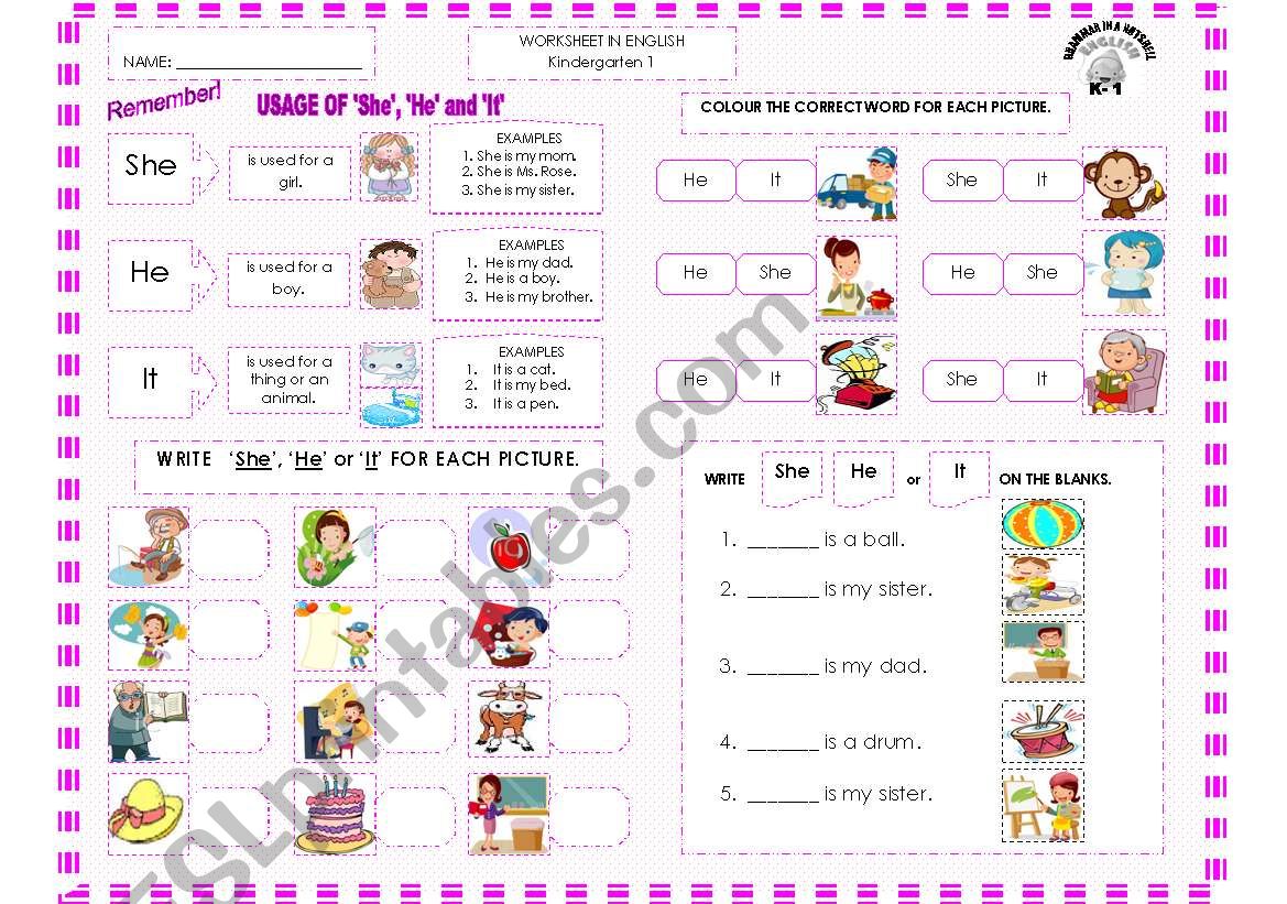 USAGE OF HE, SHE, AND IT worksheet