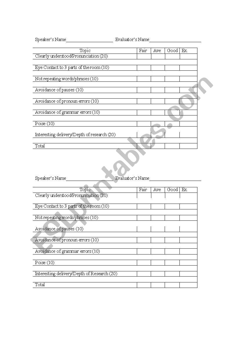 Oral Presentation Rubric worksheet